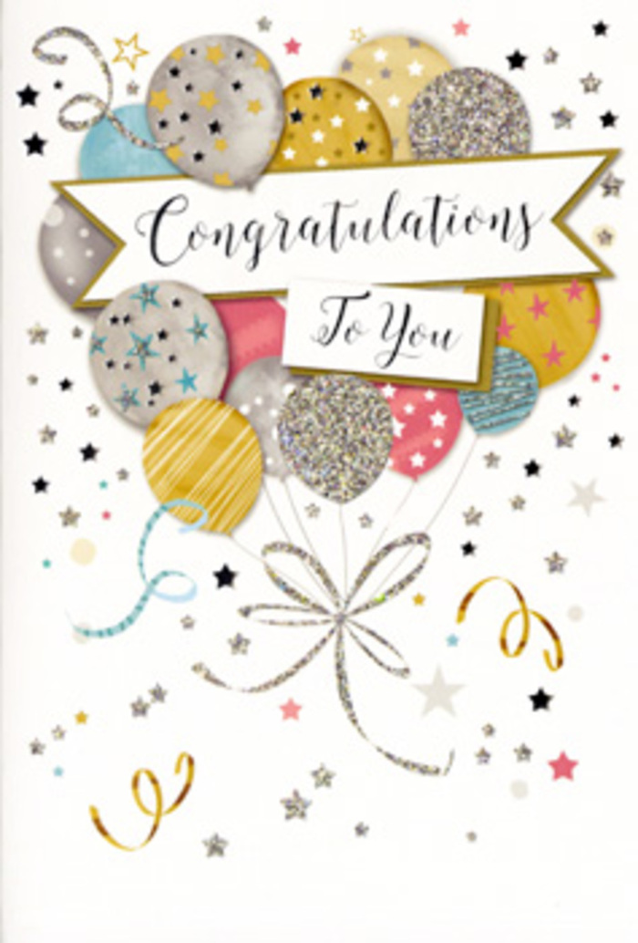In this scene, a beautifully designed congratulations card lies open to reveal an illustration that captures the very essence of a joyful milestone. Dominating the centre is a cluster of balloons that seem to float effortlessly, their rounded forms overlapping in a way that feels soft and three-dimensional, like a bouquet carefully layered by a florist in Collier Row. The balloons glow in a luxurious yet gentle palette of metallic gold, shining silver, champagne beige, powdery sky blue, tender pink, and subtle grey. Many balloons are decorated with delicate star patterns, glitter-speckled panels, or thin shimmering stripes, adding hints of sparkle that recall the twinkle of fairy lights at a celebration near Collier Row's local parks and quiet cul-de-sacs. Thin ribbons, drawn in sweeping strokes of gold and silver, trail from each balloon, curving downward and intertwining to create a graceful sense of unity. Scattered around the cluster, the light background is dotted with metallic stars, floating pieces of confetti, and flowing streamers that curve and twist as if captured mid-motion. Cutting across this joyful scene is an elegantly shaped banner, bearing a message of congratulations in refined, calligraphic script that feels simultaneously traditional and heartfelt. The design conveys pride, happiness, and a composed sense of occasion, making it ideal for marking special achievements-perhaps a first home purchase, a new role in the City, or exam results celebrated over family dinners in Collier Row. One can easily imagine this card slipped into a crisp envelope and tucked beside a hand-delivered bouquet, travelling from a local florist to a doorstep in Collier Row, ready to share in the glow of someone's well-earned success.