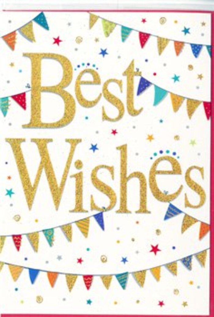 This congratulations card feels like a snapshot of a street celebration, distilled into a clean, modern design. At its heart, the words Best Wishes stretch confidently across the centre in gleaming gold script, slightly raised so that you can almost imagine the texture beneath your fingertips. The gold finish catches every hint of light, similar to how afternoon sun glints off car roofs along Collier Row Lane, giving the message a warm, optimistic glow. Embracing this central text are curved strings of bunting that sweep across the top and bottom of the white card, creating a gentle sense of movement. Each tiny triangular flag is brightly coloured-emerald green, royal blue, cherry red, golden yellow, soft lilac-and decorated with playful designs ranging from neat stripes to scattered polka dots and tiny angular motifs. The varying patterns make the bunting feel lively and individual, like decorations thoughtfully chosen for a family gathering in a Collier Row back garden. Sprinkled throughout the remaining space are miniature star shapes and perfectly round confetti dots that drift across the crisp background. These subtle elements break up the white space and suggest a celebration mid-flow, as though laughter and good news have just filled the room. The composition is carefully balanced so that, even with all the colour and detail, the card retains a sense of simplicity and elegance. It works beautifully for sending congratulations on everything from exam results to new babies or promotions, offering a blend of cheerfulness and grace. Set beside a fresh arrangement of flowers delivered locally, the card would complete a thoughtful gift that honours both the joy of the occasion and the person at its centre.