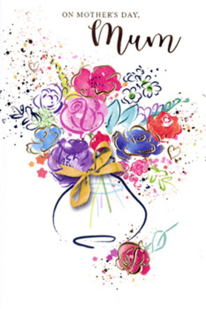 This Mother's Day card showcases a joyful, painterly bouquet rendered in loose watercolour, as if an artist-fleurist in Collier Row captured the memory of a favourite spring arrangement. At the centre, generous blossoms bloom in rich cerise, hot pink, and warm rose, each petal outlined in soft indigo that provides definition without overpowering the airy feel. The colours flow into one another where petals overlap, suggesting layers of velvety texture and the fullness of a well-loved bouquet. Radiating outward from these main flowers are translucent splashes of lavender, cool blue, and muted apricot, blending like drifting clouds of colour rather than rigid, separate stems. Fine strokes and tiny flecks of gold highlight certain edges and curves, catching the light the way dewdrops might glint on early-morning flowers in nearby parks and gardens.
The bouquet rests in a loosely drawn vase, its shape formed from a few sweeping, curved lines that give an impression of gentle solidity without heavy detail. A narrow golden bow encircles the base of the flowers, echoing the moment a florist ties the final ribbon before a heartfelt Mother's Day delivery along Collier Row Lane or to a family home on a quiet residential street. Around the composition, the white background is decorated with playful splatters, heart-shaped marks, and tiny dots of coordinating colour, which help extend the sense of joy and affection beyond the central cluster of blooms. The mood is one of loving spontaneity-like picking out just the right flowers on a whim for someone who means everything. This card becomes not only a floral illustration but an emotional gesture, mirroring the gratitude and tenderness shared in Collier Row households on Mother's Day.