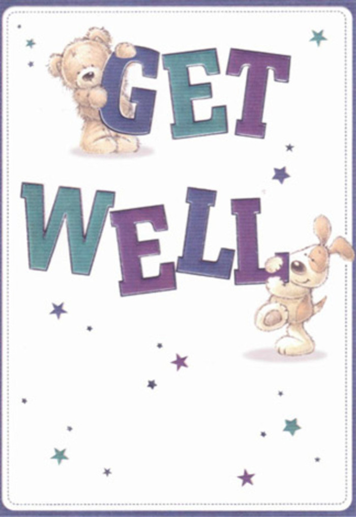 The imagery on this get well card brims with gentle encouragement and the comforting artistry that feels right at home in Collier Row. Set against a luminous, soft white background, a friendly bear and a bright-eyed puppy share centre stage, their rounded, huggable forms alive with personality. Playful stars dance around them, some with a subtle shimmer that calls to mind the friendly twinkle of lanterns hung for a summer fair along Collier Row Road. The letters 'Get Well' are painted in shades of confident purple and aquatic teal, grounding the design with a sense of optimism. The textural richness-fluffy bear fur, velvety puppy ears-feels almost tangible, as if you could offer a reassuring stroke. Envision sending this card accompanied by a handpicked bouquet from Collier Row Flowers; the combined gesture would radiate sincere care and local pride. The card's mood is light and nurturing, an artistic embrace perfect for lifting spirits regardless of age, as meaningful in Collier Row's close-knit community as in any family home.
