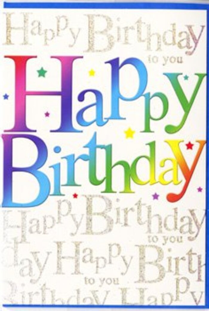 This image presents a birthday card that feels like a little burst of celebration, the sort of design you might spot beside a vase of fresh flowers in a Collier Row living room. The centre of the card is filled with the words Happy Birthday in big, generous letters that are slightly rounded and soft around the edges, giving the message a warm, welcoming look. Each letter carries its own band of colour, flowing seamlessly from rich berry reds into blush tones, then through purples, blues, sea-greens, and mellow yellows. The gradient is smooth and carefully blended, creating a painterly effect similar to watercolour washes or the way petals in a mixed bouquet can move from one shade to the next. Behind this bold rainbow text, the background is alive with repeating lines of delicate gold script, all spelling out Happy Birthday to you in flowing, cursive handwriting. The golden ink appears slightly raised and glimmering, like metallic threads woven through fabric, adding a hint of luxury without distracting from the main message. Tiny star-like shapes, dots, and speckles of colour are sprinkled around the words, evoking confetti tossed above a party table on Collier Row's quieter side streets. The card's surface seems to have a satin sheen, smooth and refined, catching just enough light to make the colours pop. It feels like a card chosen with intention-ideal for pairing with a colourful birthday arrangement headed to homes near Collier Row Road or along Mashiters Walk, when you want your greeting to feel bright, modern, and full of genuine cheer.