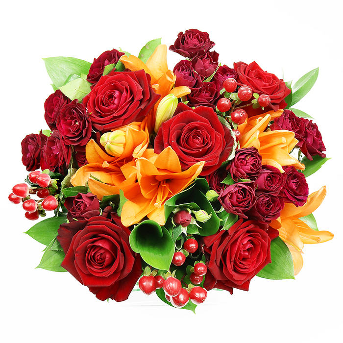 Captured flat against a spotless white field, this luxurious round bouquet presents a dense, tapestry-like composition of red, orange and green that reads like a small, wearable garden. At its heart sit several grand, fully bloomed deep red roses-petals layered and velveteen, each bloom opening into complex, soft spirals that evoke classic devotion and a heady, familiar perfume. Interspersed among them are vivid orange Asiatic lilies whose trumpet silhouettes and exposed stamens introduce fiery accents; some lilies are fully expansive while others are tentatively unfolding, suggesting freshness and the gentle promise of more blossoms to come. Clusters of dark burgundy spray roses provide concentrated, textured pockets of colour that enrich the bouquet's depth and create a sumptuous, jewel-toned counterpoint to the brighter tones. Tiny, glossy hypericum berries in cherry-red appear like cheerful beads threaded through the arrangement, their shiny skins catching highlights and offering small bursts of contrast. Framing and cushioning these blooms are broad, glossy leaves-likely ruscus or salal-whose cool greens temper the warmth and give the design a lush, finished volume. The light is soft and even, chosen to flatter the velvety petals and the reflective berries, and the overall mood is one of opulent celebration: a bouquet suited to anniversaries, romantic gestures, or seasonal centrepieces. It reads like the work of an experienced hands-on florist in Collier Row-thoughtful, robust, and designed to bring warmth into a home or event.