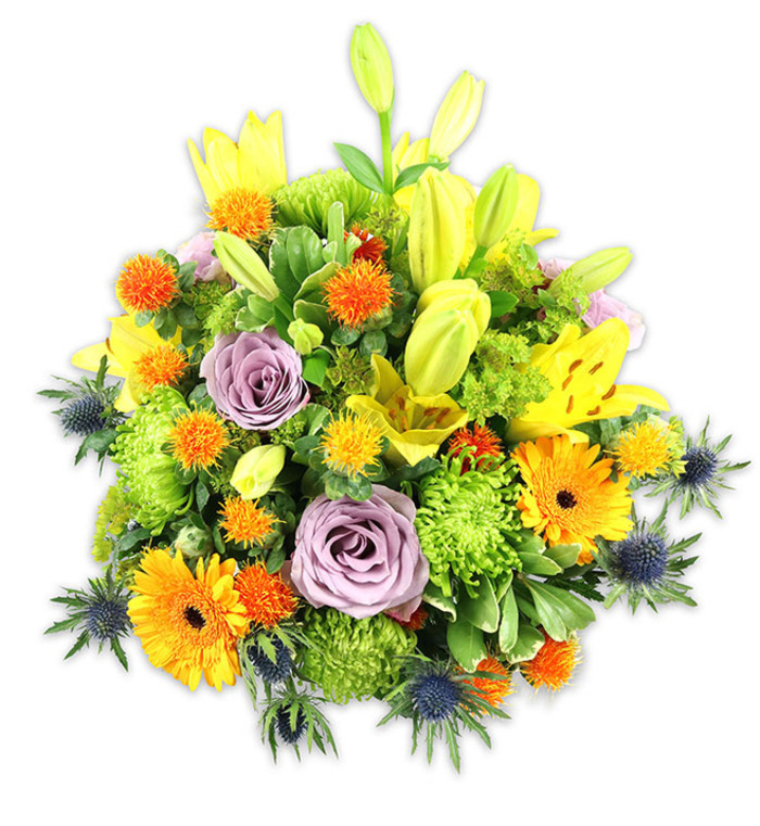 Set against a pristine white background, this richly hued floral arrangement reads like a story of late-spring warmth and thoughtful structure crafted by a florist who values colour harmony. Several tall yellow Asiatic lilies form an upward rhythm - some unfurled to reveal speckled throats, others held as smooth, elongated buds - conveying both exuberance and quiet expectation. Two or three soft lavender-purple roses sit centrally, their layered petals softening the stronger hues and adding a gentle perfume that seems almost perceptible from the image. Scattered among them are bright orange Gerbera daisies, their broad faces like small suns, and tiny spherical orange-yellow accent blooms that create lively textural contrast. Plentiful chartreuse-green button chrysanthemums build volume and depth, offering a ruffled, almost cushion-like field that supports the taller stems. Cool blue-grey Eryngium thistles punctuate the lower and side edges, their spiky silhouettes providing architectural interest and a striking tonal foil to the warm palette. Varied greens - glossy, broad leaves and finer filler foliage - weave through the bouquet, unifying the composition and lending a fresh, leafy scent impression. The even, soft lighting used here accentuates petal details and subtle colour gradations, making the bouquet feel immediate and touchable. As a Collier Row-based design this piece suits a front-door gift for neighbours, a birthday surprise for someone in Romford, or a centrepiece for a small family gathering - it conveys celebration, thoughtful warmth, and the assured hand of a local florist who knows the neighbourhood's tastes.