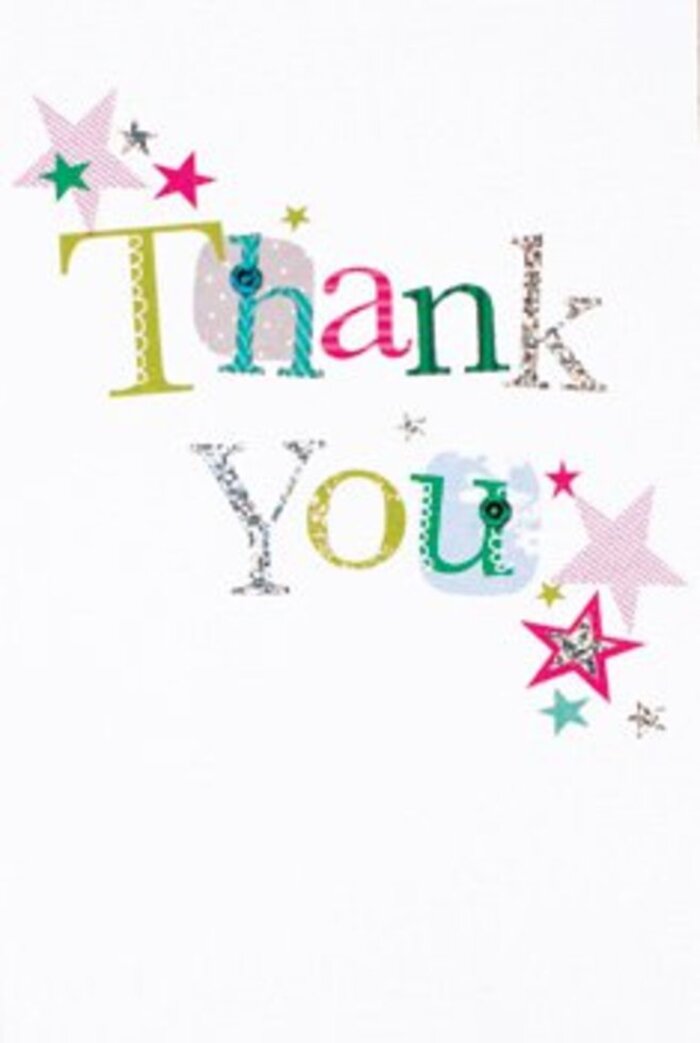 The artistry of this thank you card mirrors the charm and warmth of Collier Row neighbourhood gatherings. 'Thank You' appears across the centre in elegantly varied typography; some letters are adorned with playful polka dots or gentle stitched flourishes, while others shimmer with silver or gleam in deep blue, soft magenta, and meadow green. Around the message, stars in sparkling pink, turquoise, and silver cluster together as if bestowing an extra measure of happiness-calling to mind memories of twinkling fairy lights at Collier Row's annual events. The print's texture feels tangible in your imagination, with softly raised accents and momentary glitter flashes under gentle lighting. The white canvas gives each colour room to breathe, adding sophistication to the exuberant design. Neither too formal nor casual, this card would nestle easily beside a garden-fresh bouquet-offering a sense of gratitude as warming as a neighbour's smile, made with care at Collier Row Flowers. The entire composition is airy and modern, making this gesture of thanks as uplifting as flowers after a rainy morning in the local park.