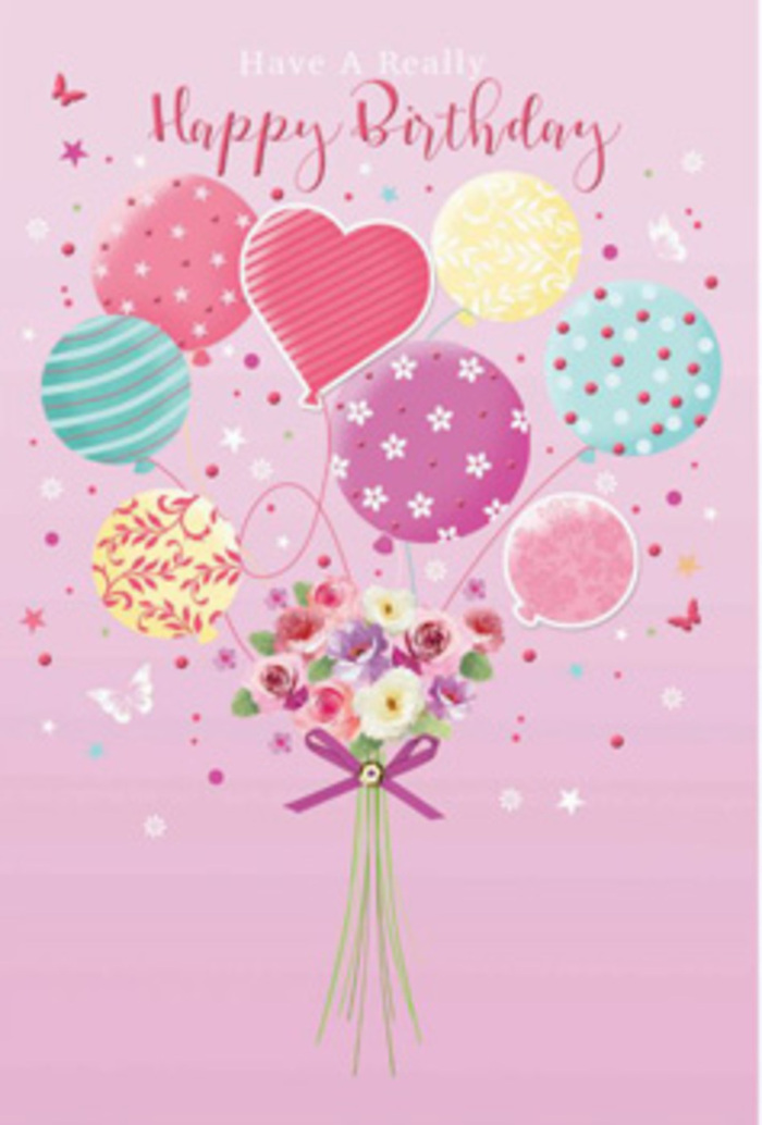 A soft, celebratory scene unfolds on this illustrated birthday card, where balloons and flowers are intertwined in a way that feels perfectly suited to a Collier Row celebration. The background is a smooth, pastel pink field, giving the impression of a sunset sky just before the candles are lit. From near the centre, a bunch of pastel balloons lifts upward, painted in gentle hues of pale sunshine yellow, rosy fuchsia, lavender, and cool sea green. Each balloon is detailed with its own playful pattern: broad, curling stripes reminiscent of sweets from a local shop on Collier Row Road, cheerful polka dots that seem to ripple with movement, and tiny floral embellishments that mirror the blooms below. The strings of the balloons gather at a petite hand-tied bouquet at the base of the scene. The bouquet is composed of small roses and daisy-like flowers, shaded from creamy ivory to blush and deeper rose pink, with soft, rounded petals that appear velvety and fresh. Stems converge into a narrow point, held fast by a bright purple bow with a satin sheen, its tails trailing slightly to suggest motion, as though caught in a gentle breeze. Around the bouquet and balloons, whimsical stars and delicate butterflies are scattered, giving the impression of a garden party moment frozen in time, somewhere near the quiet streets and green spaces around Collier Row. Soft, diffused light bathes the entire composition, accentuating the glossy balloon surfaces and the tender petal textures, creating a mood that is both playful and refined. It feels like a visual promise of joy, much like a birthday bouquet crafted by Collier Row Flowers for same-day delivery, intended to make the recipient feel cherished and celebrated.