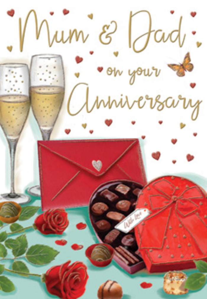 Detailed illustration of an anniversary card designed to celebrate enduring love, presented as a luxurious tabletop scene that could easily belong in a Collier Row family home. The focus rests on two lush red roses in the foreground, lying naturally on a pale surface. Their petals are richly layered, ebbing from deep crimson at the base to slightly lighter red at the edges, with subtle highlights that hint at velvety softness and fullness, as if chosen from the finest stems on a florist's stand. Around them, a few dark green leaves create a gentle halo, offering contrast and reinforcing the sense of freshness. To one side, an open heart-shaped box of chocolates is carefully illustrated, its curved lid and neat compartments filled with assorted truffles. Some chocolates are perfectly aligned, others just slightly askew, suggesting a moment of shared indulgence. A wide, satin red bow sweeps across the lid, its loops and tails shaded to show smooth, luxurious texture. Behind this arrangement, two tall champagne flutes stand close together, filled with golden sparkling wine; thin trails of bubbles rise through the slender glass, which glows softly as if catching candlelight from an anniversary dinner in Collier Row, perhaps after a gentle walk along local residential streets. Above and around, small crimson and gold hearts float in loose clusters, guiding the eye toward a hand-lettered Mum & Dad greeting that feels warm and affectionate. A vivid scarlet envelope rests near the edge of the scene, its folded flap closed, hinting at a card waiting to be opened. The overall mood is tender, celebratory, and intimate, evoking the feeling of gifting roses, chocolates, and heartfelt words to mark another cherished year together.