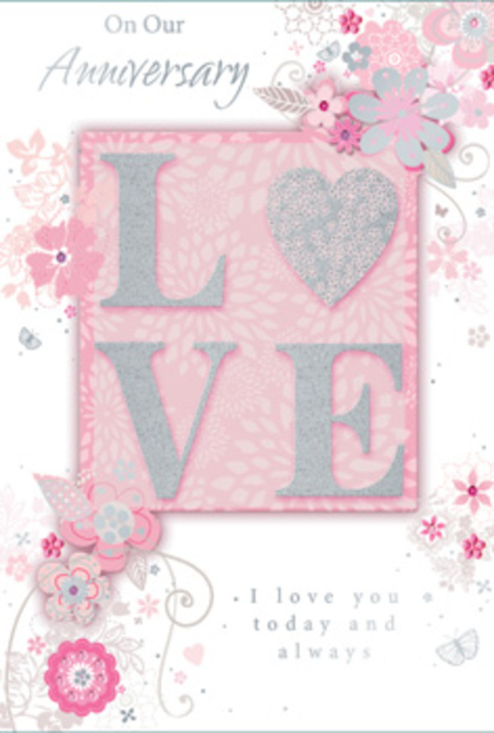 This anniversary card opens like a gentle sigh of contentment, as though you've stepped into a bright, calm room in Collier Row where love is an everyday presence. The central design features the word LOVE, picked out in an elegant, frosted glitter print that rises ever so slightly from the surface, giving your fingertips something to explore as light plays over the subtle sparkle. Around this word, the card is washed in soft shades of pink, lilac, and ivory, blending into one another like the petals of a pastel bouquet resting on a windowsill. Along the borders and drifting inward, wispy, hand-drawn blooms and slender sprays of foliage seem to float across the page. Their lines are fine and expressive, with petals shaded just enough to give a sense of depth and gentle movement, as if stirred by a breeze drifting over nearby Raphael Park. Among the flowers, delicate flourishes-filigree curls, dainty leaves, and barely noticeable butterflies-add quiet intricacy, suggesting fluttering hearts and the small, beautiful details that make a relationship feel unique. The message I love you today and always sits gracefully within this floral frame, set in understated, classic lettering that invites a moment of pause and reflection. The overall composition feels like a hand-tied bouquet translated into paper: layered but never crowded, romantic yet unpretentious, with each element carefully placed, much like stems arranged by an experienced florist in Collier Row. The mood is one of gratitude, enduring affection, and hopeful anticipation for the years still to come, all conveyed through tender colour, texture, and line.