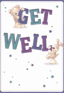 This endearing get well card scene feels like a moment of comfort shared in the heart of Collier Row. The artwork features a plush teddy bear perched atop the word 'GET,' and a joyful puppy nestled below beside 'WELL', their soft bodies aglow with playful affection. Deep purples and teals bring vibrancy to the bold letters, standing out proudly against a smooth white canvas-a background as inviting as the clean counters at a locally trusted florist. Star-shaped bursts, rendered in variegated shades of blue and violet, orbit around the characters like wishes for brighter days ahead in Collier Row Park. Each brushstroke and detail, from the tactile texture of the animals' fur to the round, comforting forms, reveals a loving hand at work-much like the thoughtful attention given to a sympathy bouquet assembled at Collier Row Flowers. The composition radiates warmth and hope, transforming a simple message into an uplifting experience befitting someone on the road to recovery. As much as an artful bunch of blooms, this card carries nurturing encouragement-a creative expression of heartfelt get-well wishes, rooted in the caring spirit of Collier Row.