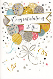 The photograph highlights an ornate congratulations card whose artwork feels both festive and gracefully composed, like the quiet climax of a well-planned celebration. A generous grouping of balloons floats at the centre, gathered much like a bouquet arranged with care in a Collier Row flower shop. Their shapes are softly rounded and gently overlapping, rendered in a refined blend of gold, silver, champagne, soft blue, blush pink, and muted grey. Some of the balloons are sprinkled with glittering star clusters; others show shimmering bands or delicate metallic tracery, giving the impression that parts of the design might glisten subtly when tilted to the light. Slender metallic ribbons in gold and silver stream down from the balloons, curling at the ends in loose, relaxed spirals that add a sense of movement. The background is clean and pale, scattered with tiny stars, drifting dots of confetti, and swirling ribbons that seem to dance around the central motif, reminiscent of the joyful buzz of celebrations in homes near Collier Row's quiet residential streets. A classic banner sweeps across the middle, its edges curved elegantly, carrying a Congratulations message in flowing script that feels warm and sincere rather than formal or stiff. Overall, the card radiates a sense of heartfelt pride and gentle glamour, suitable for marking many kinds of milestones-from new jobs and promotions to academic achievements and personal triumphs. It is easy to imagine this card paired with fresh blooms and sent out for delivery around Collier Row, adding a polished, thoughtful touch to the moment when someone opens the envelope and feels just how proud their loved ones truly are.