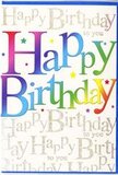 The birthday card in this photograph radiates joyful energy, much like the buzz of a weekend morning in Collier Row. Standing upright against a simple, neutral backdrop, it showcases the phrase Happy Birthday in large, rounded letters that stretch confidently across the centre. Each letter is wrapped in a soft gradient of colour, moving gracefully from bold red to coral, soft pink, violet, deep blue, turquoise, lively green, and warm yellow. The transitions are smooth and velvety, recalling the easy blending of colours in a carefully arranged celebratory bouquet. Behind this exuberant central greeting, the card's background is densely patterned with delicate gold script, repeating Happy Birthday to you in elegant, looping strokes. The metallic lettering catches the light, giving the impression of a fine shimmer, like candlelight reflecting off glassware at a family party. Sprinkled between the letters and across the background are tiny star shapes and dots in matching rainbow tones, evoking confetti caught mid-air or the sparkle of a firework fading over Collier Row's rooftops. The card appears to have a smooth, semi-gloss finish, suggesting a quality feel when held, with colours that remain vivid even in softer indoor lighting. From a florist's perspective, it is the perfect companion for a bright birthday bouquet-perhaps bold gerberas, cheerful chrysanthemums, or mixed seasonal stems-ready for delivery to homes tucked just off Havering Road or near the local schools. The overall impression is one of warmth, fun, and heartfelt celebration, captured in a single, beautifully designed greeting ready to mark someone's special day.