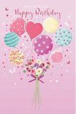 This illustrated birthday card design captures a whimsical bouquet and balloon arrangement that feels as light and joyful as a springtime walk through Collier Row. The backdrop is a gentle blush-pink, creating a soft canvas that lets the details of the central motif shine. At the top, a cluster of pastel balloons floats upward, each one rendered in muted tones of mint, rose, lemon, and lilac with a soft, luminous finish. One balloon forms a subtle heart shape, radiating affection, while others spin with candy-coloured stripes or bubble with scattered polka dots. Each balloon's string trails downwards, converging at a compact, hand-tied bouquet near the bottom of the image. The flowers resemble delicate roses and anemone-like blossoms in creamy ivory, blush pink, and light mauve, their petals layered and slightly curled, suggesting the richness of fresh blooms just arranged in a Collier Row florist's studio. The stems are neatly bound with a violet satin bow that glints softly, lending a note of polished celebration. Surrounding the bouquet, tiny stars and jot-like flecks twinkle, and a few small butterflies appear to hover, as if they are circling the flowers at the peak of birthday excitement in a nearby Collier Row home. Gentle lighting brightens the scene, catching the curve of each petal and the shine of the balloons, without harshness, creating a calm yet festive atmosphere. The whole artwork feels like a visual expression of a birthday wish-sweet, light, and filled with thoughtfulness, much like sending a surprise bouquet to someone special in Collier Row to mark their day with colour and kindness.