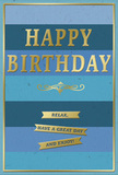 The birthday card pictured is an understated yet striking design, ideal for pairing with a hand-tied arrangement from Collier Row Flowers. Its background is formed from wide, horizontal bands of blue that transition smoothly from one shade to the next, building an ombré effect that feels both modern and calming. At the top, deep navy and inky blue stripes create a sense of depth, then soften through ocean and denim blues before lightening into softer sky blue and teal at the bottom, reminiscent of the changing sky above nearby green spaces. Centered across these layered tones, the words HAPPY BIRTHDAY are displayed in tall, embossed gold capitals. The metallic letters appear slightly raised and gleam gently when the card is tilted, adding a quietly festive sparkle that does not disturb the card's peaceful character. Just beneath the main greeting, a decorative golden flourish sweeps gracefully from side to side, introducing a touch of classic elegance, like an intricate detail on fine stationery. Below this flourish, three slim gold banners are aligned vertically, each ribbon carrying part of a relaxed, kindly wish: Relax, have a great day and enjoy! The banners themselves are glossy and lightly embossed, making the message feel tangible as well as visible. A delicate gold border runs around the entire edge of the card, framing the blues and golds with a subtle, refined finish. The card surface appears smooth and matte, highlighting the contrast between the flat colour and the raised metallic details, resulting in a birthday card that feels thoughtfully designed, serene, and perfectly suited to a warm, unhurried celebration in Collier Row.