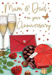 Heart-warming anniversary card illustration capturing an intimate moment of celebration, beautifully suited to parents in Collier Row who cherish the small rituals of love. The scene unfolds on a light tabletop where two fully opened red roses lie with casual grace, their petals drawn in sumptuous layers of crimson and ruby, each curve emphasising a sense of velvety richness. Around them, a few sleek, dark green leaves add a natural balance, much like the foliage a florist might tuck around a timeless bouquet. To one side, an open heart-shaped chocolate box reveals an inviting array of chocolates, some rounded, others square or oval, carefully shaded to suggest glossy ganache and rich fillings. A grand red ribbon wraps the box, tied into a full, soft bow whose loops cast delicate shadows, radiating the feel of a thoughtfully chosen gift. Rising behind, two delicate champagne flutes stand close together, filled with sparkling golden drink; slender streams of bubbles ascend through the clear glass, catching a warm, diffused light reminiscent of evening lamps in a Collier Row living room after a relaxed walk around the neighbourhood. Floating across the background, small hearts in shimmering gold and deep red drift around a hand-drawn Mum & Dad inscription, the lettering relaxed and affectionate. A scarlet envelope rests near the bottom edge, its flap firmly closed, hinting at private, loving words tucked safely inside. The overall atmosphere is cosy, romantic, and gently joyful, conveying not just the moment of the toast but the shared history behind it, like pairing a classic rose bouquet from Collier Row Flowers with a card that says everything the heart feels.